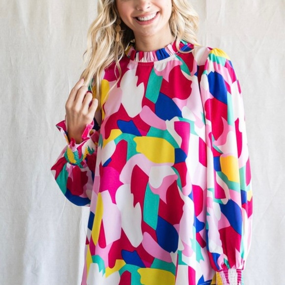 Jodifl Fuchsia Mix Abstract Print Long Poet Sleeve Top - Picture 2 of 5